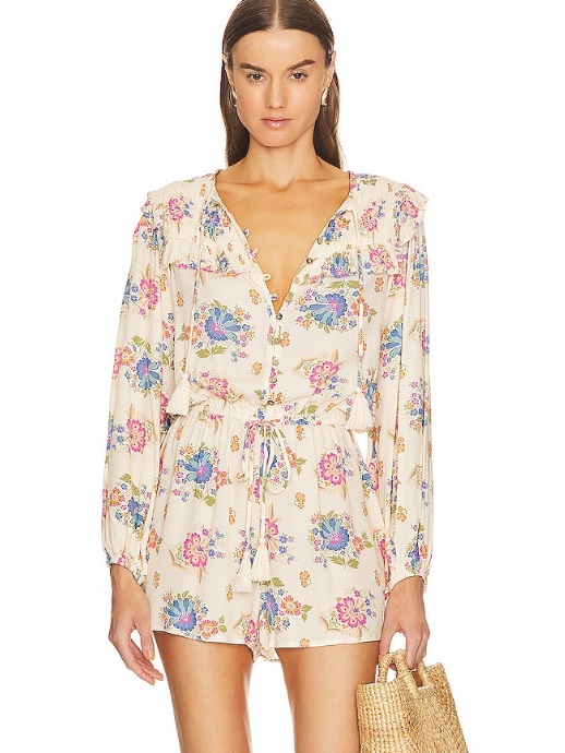 Spell Cream Floral Long-Sleeve Romper With Blue & Pink Flowers